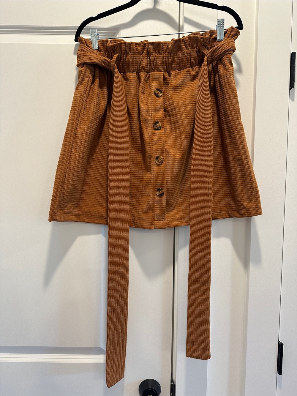 SHEIN Waffle Knit Button-Front Paperbag Mini Skirt - Rust